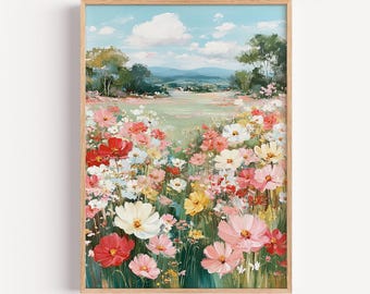 Pastell Wildblumen Wiese Landschaft Kunst - Bunte Frühling Feld Gemälde, Cottagecore Blumen Wanddekor, digitaler Download druckbare