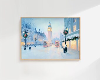 Decorazione murale natalizia di Londra, scena di città invernale, stampa natalizia del Big Ben, decorazioni natalizie vintage, accogliente dipinto pastello, download digitale