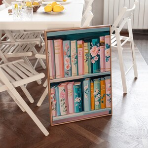 Pastel Floral Bookshelf Art Print – Colorful Book Lover Decor, Cottagecore Library Painting, Cozy Reading Wall Art, Digital Download image 13