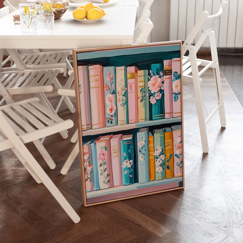 Pastel Floral Bookshelf Art Print – Colorful Book Lover Decor, Cottagecore Library Painting, Cozy Reading Wall Art, Digital Download image 13