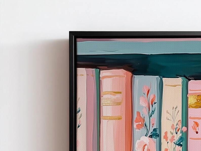 Pastel Floral Bookshelf Art Print – Colorful Book Lover Decor, Cottagecore Library Painting, Cozy Reading Wall Art, Digital Download image 4
