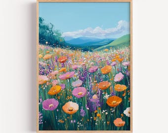 Frühling Wildblumen Landschaft Kunst, Buntes Blumenfeld Gemälde, Pastell Wiese Wandkunst, Sommerblüte Druck, digitaler Download