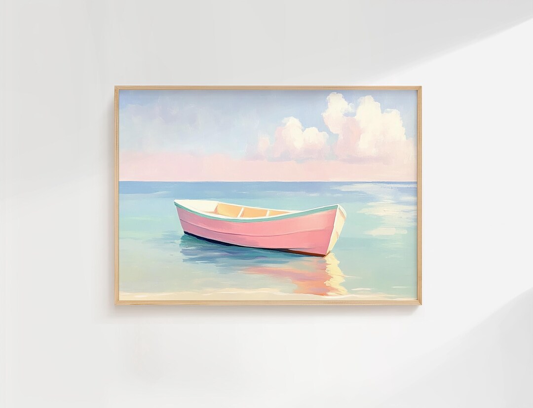 Pink Rowboat Pastel Coastal Rowboat Painting - Printable Seaside Wall Art, Calm ...