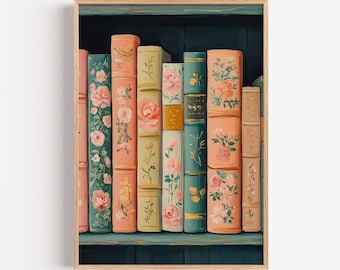 Vintage Bookshelf with Floral Spines - Cozy Cottagecore Wall Art, Pastel Gouache Painting, Printable Books Decor, Instant Download