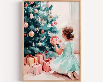 Girl Placing Christmas Gift Wall Art | Vintage Holiday Tree Print | Pastel Christmas Decor | Retro Child Illustration | Digital Download