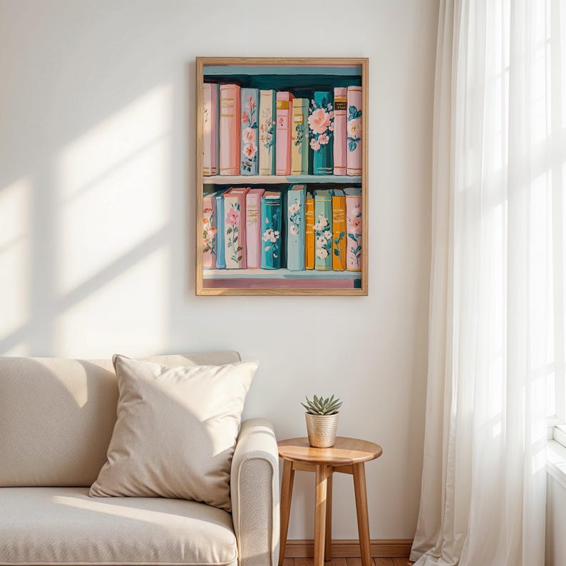 Pastel Floral Bookshelf Art Print – Colorful Book Lover Decor, Cottagecore Library Painting, Cozy Reading Wall Art, Digital Download image 9