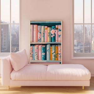 Pastel Floral Bookshelf Art Print – Colorful Book Lover Decor, Cottagecore Library Painting, Cozy Reading Wall Art, Digital Download image 14