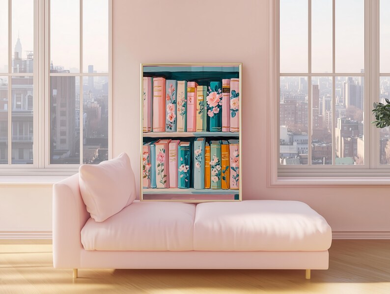Pastel Floral Bookshelf Art Print – Colorful Book Lover Decor, Cottagecore Library Painting, Cozy Reading Wall Art, Digital Download image 14