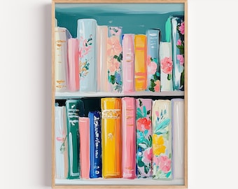 Floral Bookshelf Wall Art Print, Pastel Book Lover Painting, Colorful Library Decor, Vintage Cottagecore Reading Room Digital Download