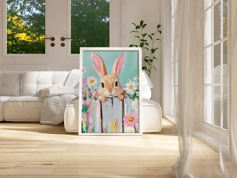 Spring Bunny Wall Art – Cute Easter Rabbit Print With Flowers, Pastel ...