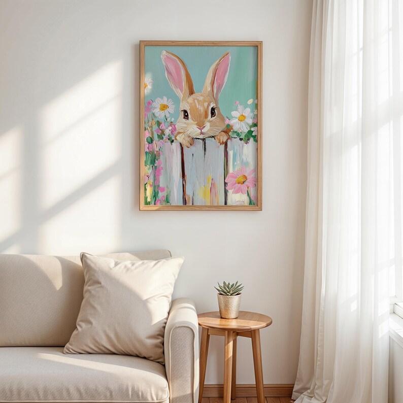 Spring Bunny Wall Art – Cute Easter Rabbit Print With Flowers, Pastel ...