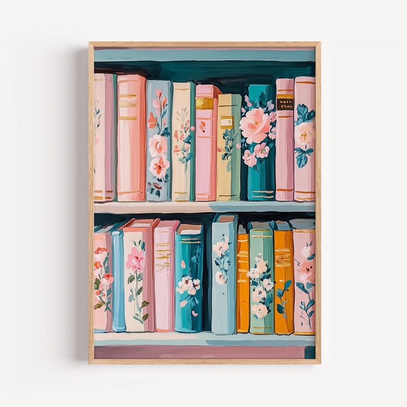 Pastel Floral Bookshelf Art Print – Colorful Book Lover Decor, Cottagecore Library Painting, Cozy Reading Wall Art, Digital Download image 1