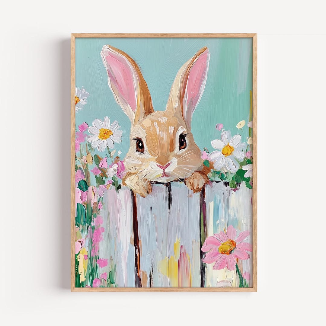 Spring Bunny Wall Art – Cute Easter Rabbit Print With Flowers, Pastel ...