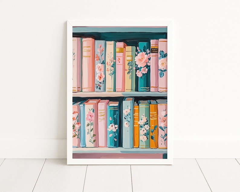 Pastel Floral Bookshelf Art Print – Colorful Book Lover Decor, Cottagecore Library Painting, Cozy Reading Wall Art, Digital Download image 2