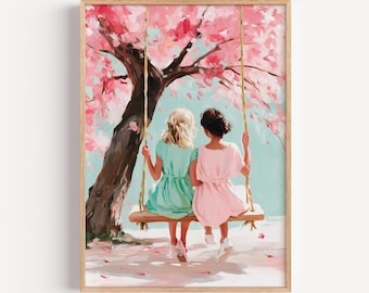Spring Wall Art Girls on Swing, Cherry Blossom Painting, Pastel Friendship Print, Nursery Room Decor, Digital Spring Download