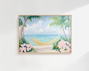 Arte digital de hamaca costera, arte mural imprimible de playa tropical, decoración costera con palmeras, descarga instantánea