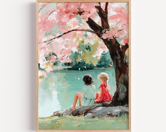 Arte de Hermanas bajo los cerezos en flor, Pintura de Spring Lake, Decoración de pared de niñas en tonos pastel, Lámina infantil sentimental, Descarga digital