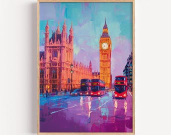 Imprimible de un vibrante paisaje urbano londinense: arte del Big Ben en colores pastel, decoración urbana para paredes, pintura urbana colorida, decoración moderna del Reino Unido, descarga digital
