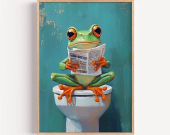 Funny Frog Bathroom Art Print, Quirky Toilet Wall Decor, Humorous Animal Painting, Playful Bathroom Printable, Frog Reading Newspaper Art