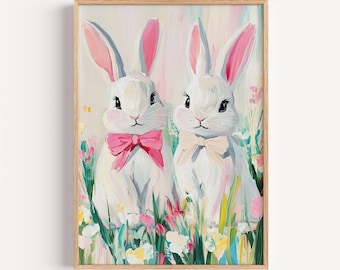 Pastel Easter Bunny Duo Art Print, Cute Spring Rabbits with Bows, Nursery Wall Decor, Kids Room Bunny Art, Printable Digital Download