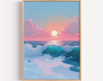Könnte beinhalten: Ein gerahmter Kunstdruck, der einen Sonnenuntergang über dem Meer zeigt. Der Himmel wechselt von hellblau zu rosa, mit weichen Wolken. Die Sonne ist eine leuchtend gelbe Kugel. Türkisfarbene Wellen branden im Vordergrund, wodurch eine ruhige Küstenlandschaft entsteht.