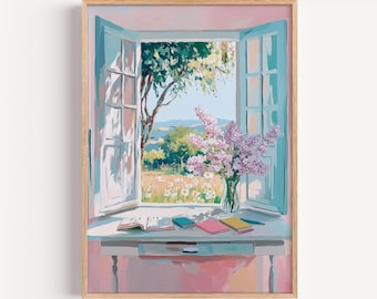 Pastel Window View Wall Art Print, Floral Summer Painting, Cozy Cottage Room Decor, Lilac Bouquet Artwork, Digital Download