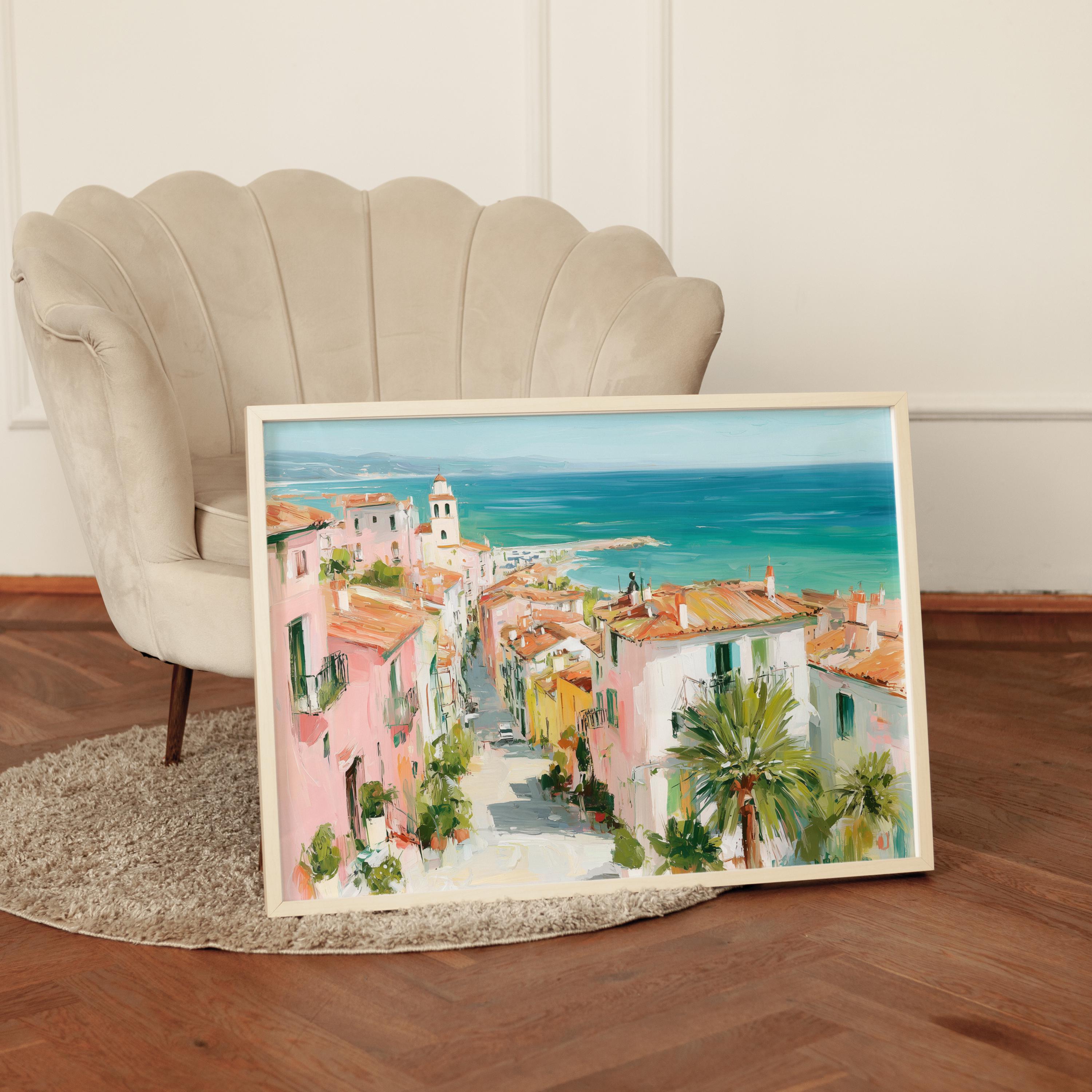 Pastel Coastal Village Art Print – Mediterranean Seaside Town, Colorful ...