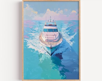 Coastal Yacht on Turquoise Waters - Luxury Pastel Nautical Art, Modern Seascape Painting, Serene Ocean Scene, Printable Digital Download