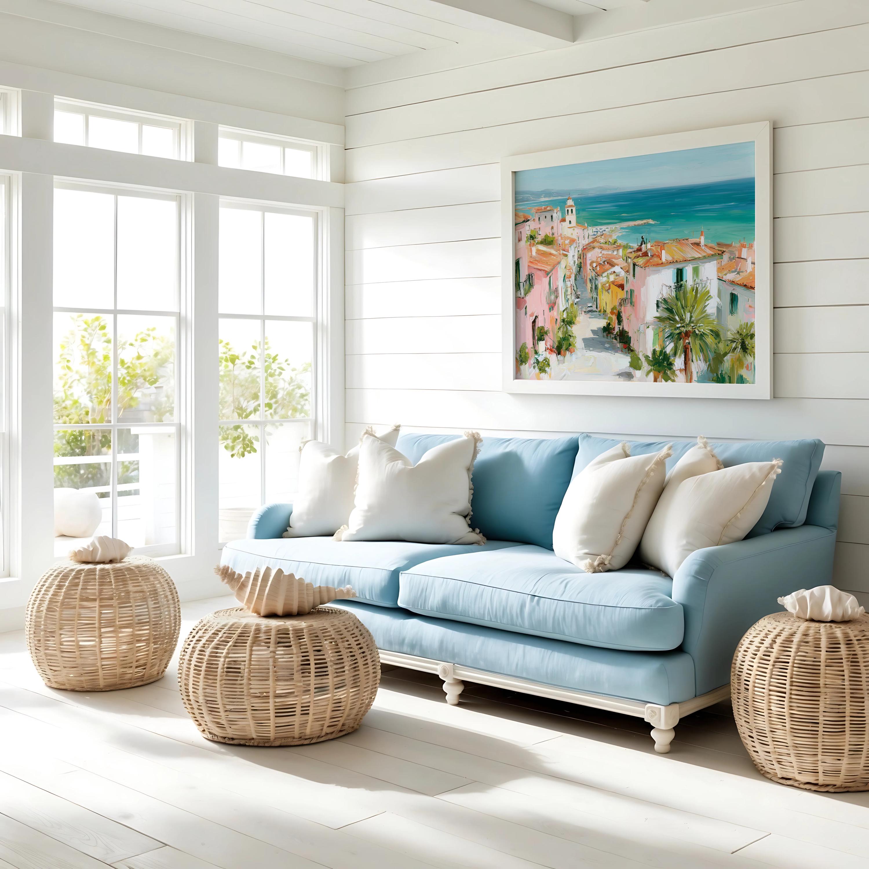 Pastel Coastal Village Art Print – Mediterranean Seaside Town, Colorful ...