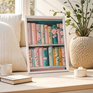 Pastel Floral Bookshelf Art Print – Colorful Book Lover Decor, Cottagecore Library Painting, Cozy Reading Wall Art, Digital Download image 7