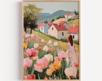 Frühlingstulpenfeld Landschaftswandkunst - Pastellblumendruck, Cottagecore Dorf Dekor, Digital Download Kunstwerk