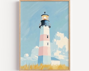 Pastel Lighthouse Wall Art, Coastal Beach Print, Nautical Summer Decor, Soft Coastal Painting, Seaside Cottage Art, Digital Download