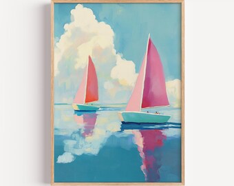 Coastal Sailboats in Summer - Printable Pastel Landscape, Colorful Ocean Scene, Gouache Wall Art, Seaside Decor, Digital Painting