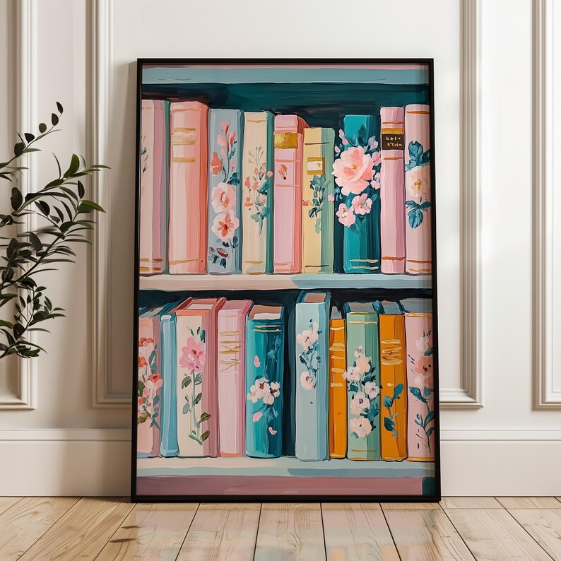 Pastel Floral Bookshelf Art Print – Colorful Book Lover Decor, Cottagecore Library Painting, Cozy Reading Wall Art, Digital Download image 3