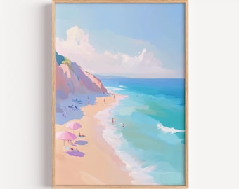 Lámina artística de playa en tonos pastel – Arte mural veraniego costero, escena playera con sombrilla rosa, paisaje oceánico suave, decoración para casa de playa, descarga digital