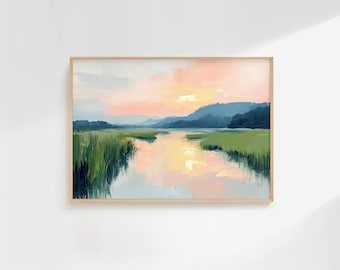 Quadro murale Sunset Marsh, dipinto di paesaggio costiero, stampa naturalistica pastello, scena fluviale serena, download digitale di impressionisti moderni