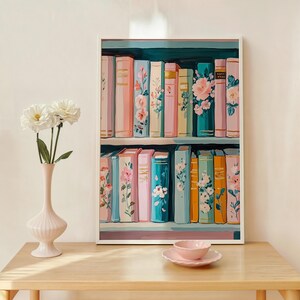 Pastel Floral Bookshelf Art Print – Colorful Book Lover Decor, Cottagecore Library Painting, Cozy Reading Wall Art, Digital Download image 6