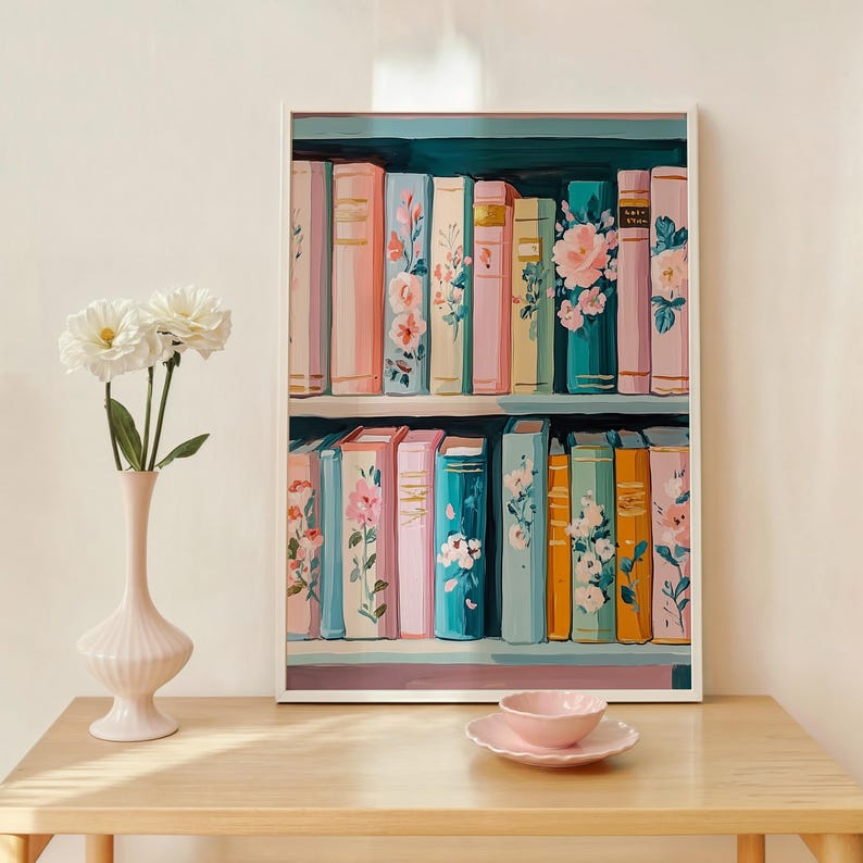Pastel Floral Bookshelf Art Print – Colorful Book Lover Decor, Cottagecore Library Painting, Cozy Reading Wall Art, Digital Download image 6
