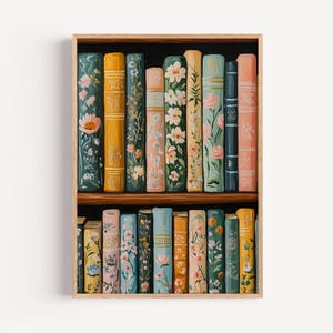 Floral Bookshelf Wall Art, Vintage Book Painting, Cozy Cottagecore Library Decor, Pastel Book Lover Printable