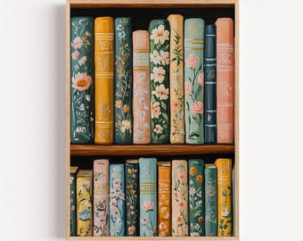 Floral Bookshelf Wall Art, Vintage Book Painting, Cozy Cottagecore Library Decor, Pastel Book Lover Printable