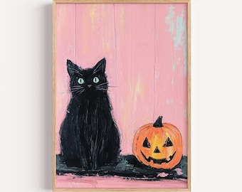 May include: A framed painting of a black cat with green eyes and an orange jack-o'-lantern. The cat sits to the left of the pumpkin against a pink background. The artwork has a rustic, textured appearance, perfect for Halloween decor.