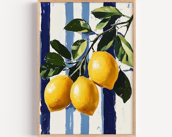 Lemon Wall Art Print, Modern Kitchen Decor, Bold Mediterranean Fruit Painting, Blue Stripe Artwork, Digital Download
