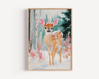 Winter Baby Deer Wall Art, Snowy Fawn Painting, Woodland Nursery Print, Christmas Animal Decor, Pastel Forest Digital Download