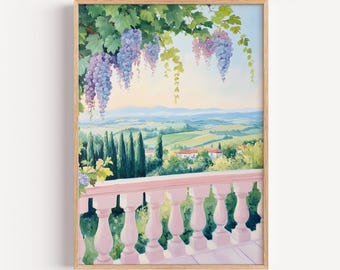 Balcón toscano con vistas a colinas de viñedos / Paisaje rural italiano / Impresión artística digital