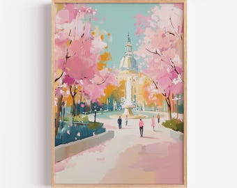 Spring Cityscape Wall Art, Cherry Blossom Street Painting, Pastel Travel Print, Romantic Spring Decor, Digital Download