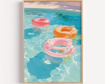 Pool Float Wall Art, Pastel Summer Print, Coastal Beach Decor, Retro Pool Painting, Vibrant Ocean Art, Digital Download