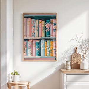 Pastel Floral Bookshelf Art Print – Colorful Book Lover Decor, Cottagecore Library Painting, Cozy Reading Wall Art, Digital Download image 5
