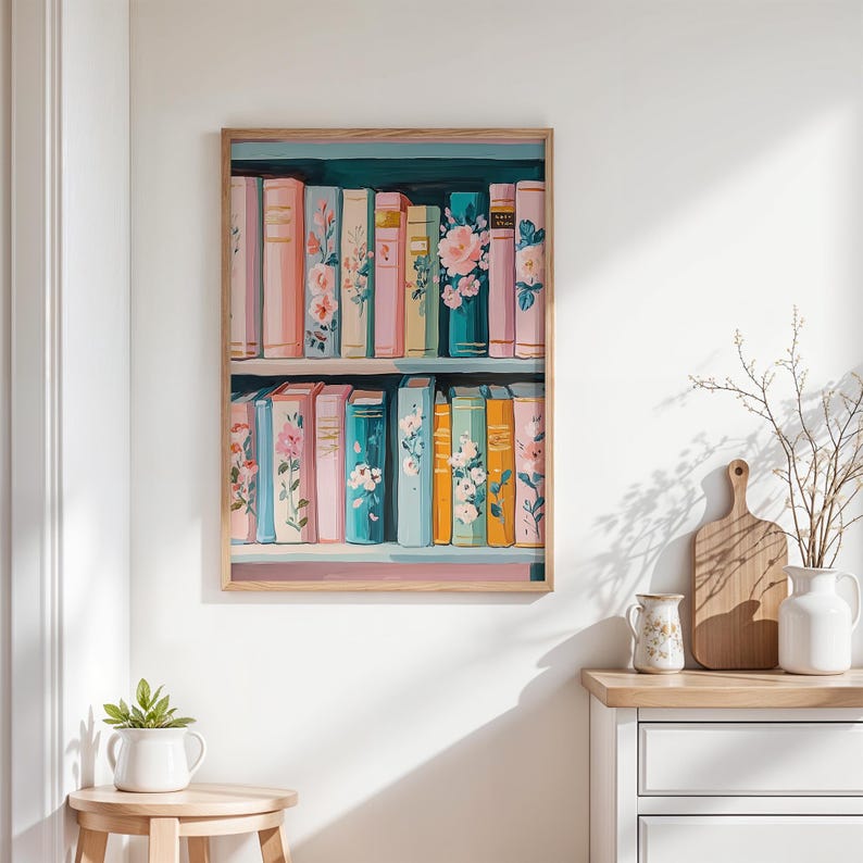 Pastel Floral Bookshelf Art Print – Colorful Book Lover Decor, Cottagecore Library Painting, Cozy Reading Wall Art, Digital Download image 5