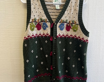 Vintage 80s Mitten Sweater Vest | Hong Kong Novelty Knit Cardigan | 3D Appliqué Clothesline Vest | Cottagecore Christmas Sweater | Small