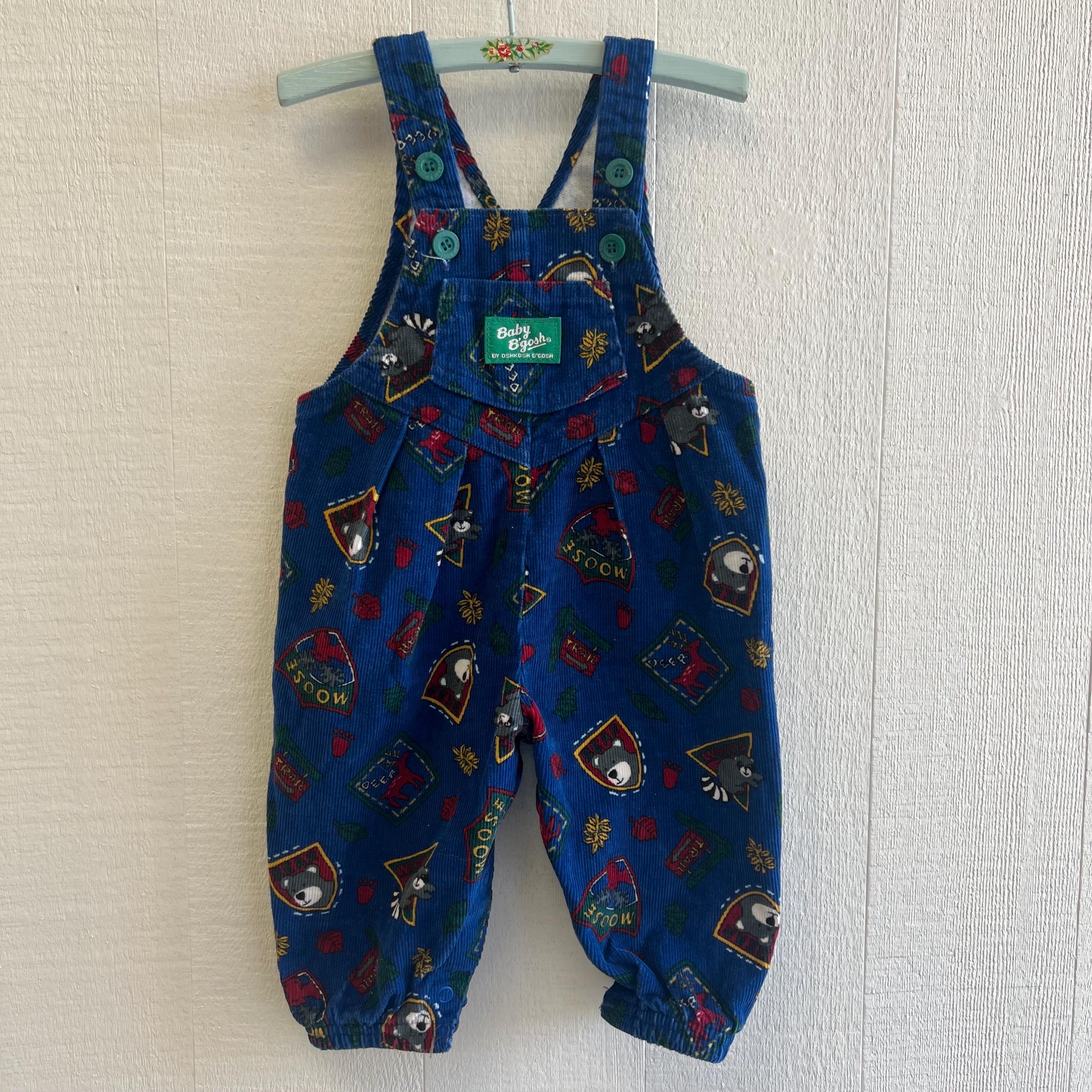 Vintage 1980s OshKosh Baby B'gosh Overalls 6-9 Months, Woodland Moose Raccoon Print Blue Corduroy, Made in USA Baby Clothes